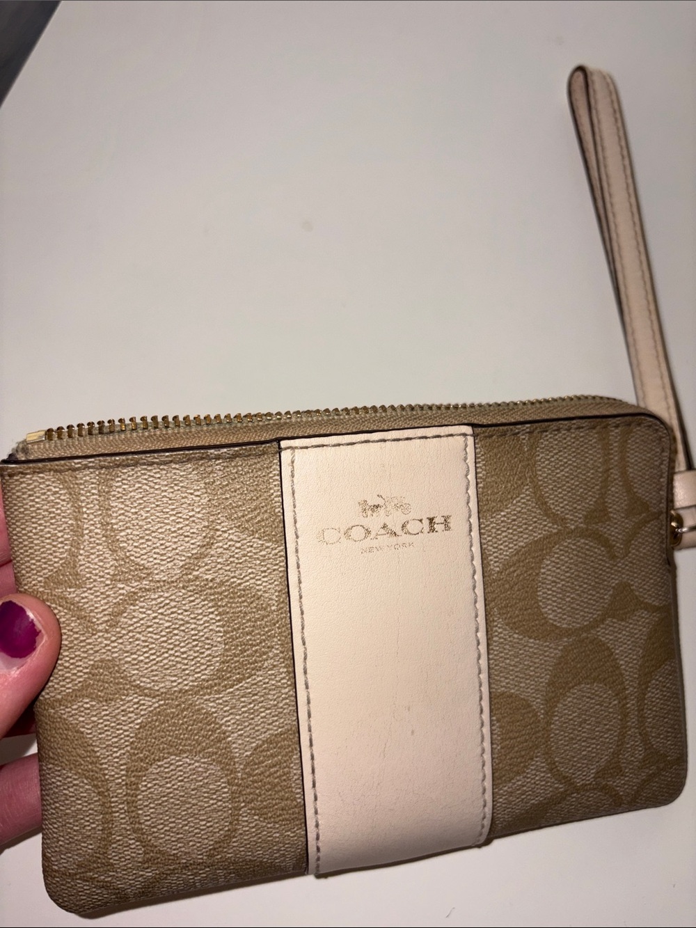 Trendy Coach Khaki Signature Canvas Wristlet with Chalk Stripe🔥